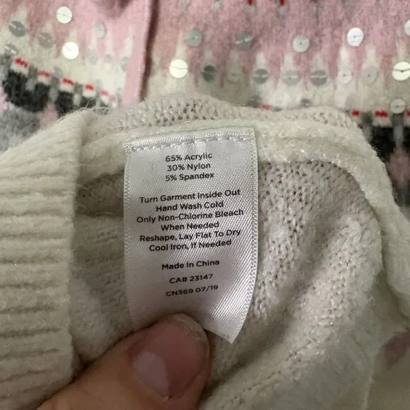 Talbots Icicle Fair Isle Sweater Cream Pink Bow Back Sequin Size XL Winter - Picture 10 of 11